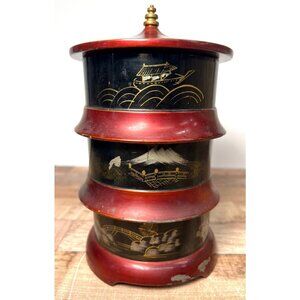 Vintage Japanese Lacquered Three-Tier Stacking Box With Lid Red & Black Gold